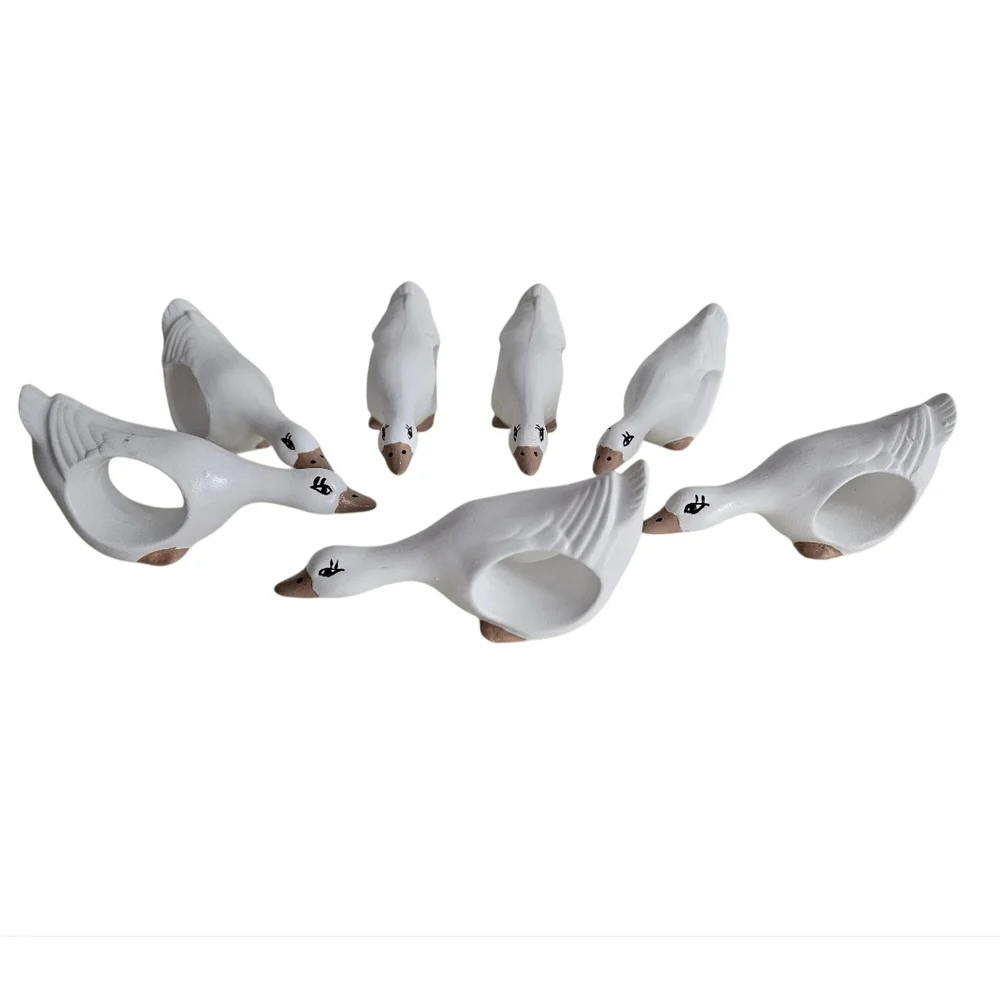 White Hand Painted Ceramic Goose Napkin Rings x 7